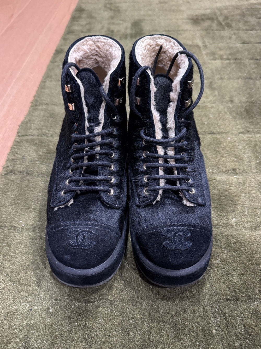 CHANEL Black Pony Hair Shearling-Lined Lace-Up Ankle Combat Boots - Size 39.5
